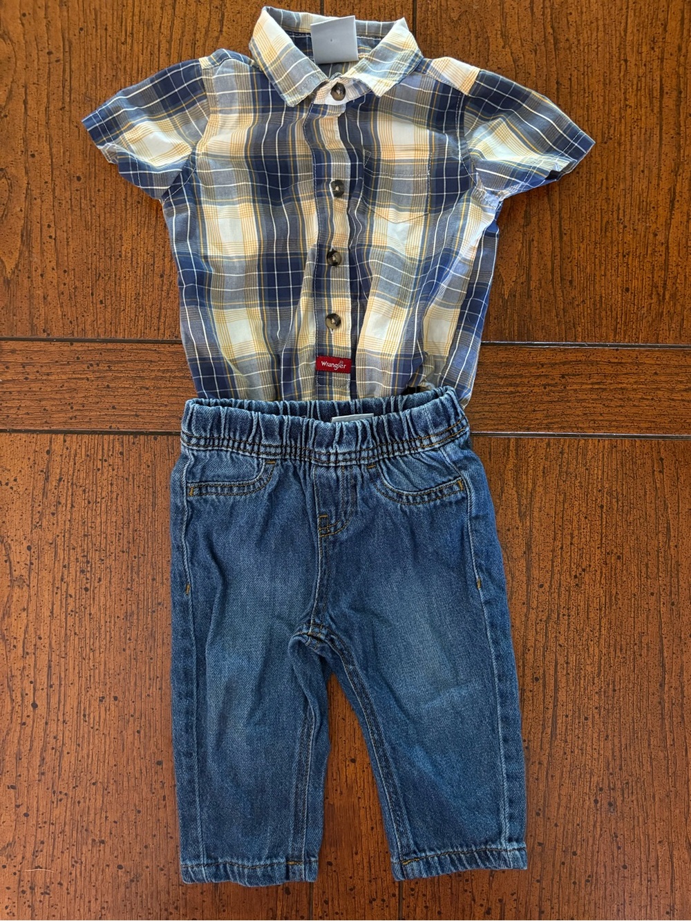 Wrangler Blue & Yellow Plaid Collared Onesie & Denim Pants Set, 9 month Baby Boy